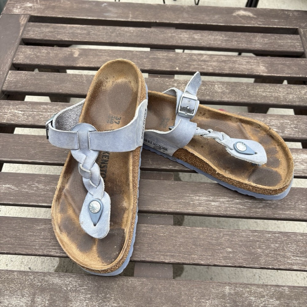Birkenstock Women 37 Blue Sandals Gizeh Braided Boho Cork Suede